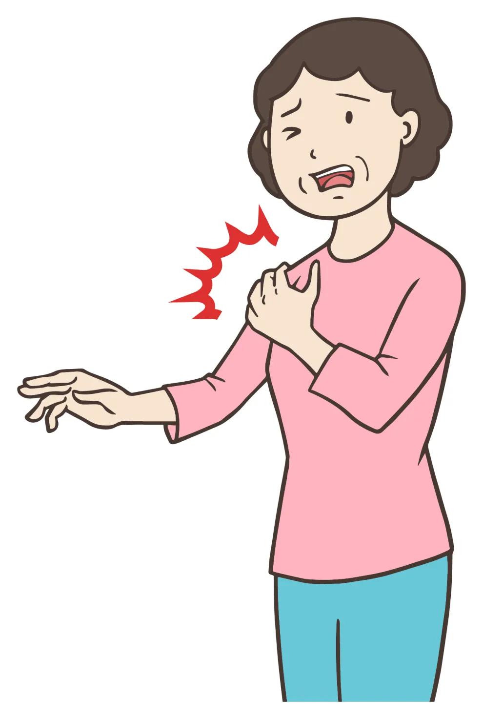 肩が痛くて腕が上がらない女性のイラスト。四十肩・五十肩で肩の動きが狭くなった状態